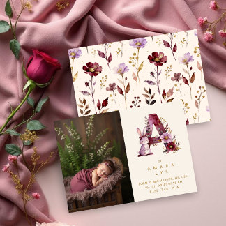 Dreamy Bunny A Initial Gold Glitter Newborn Announcement