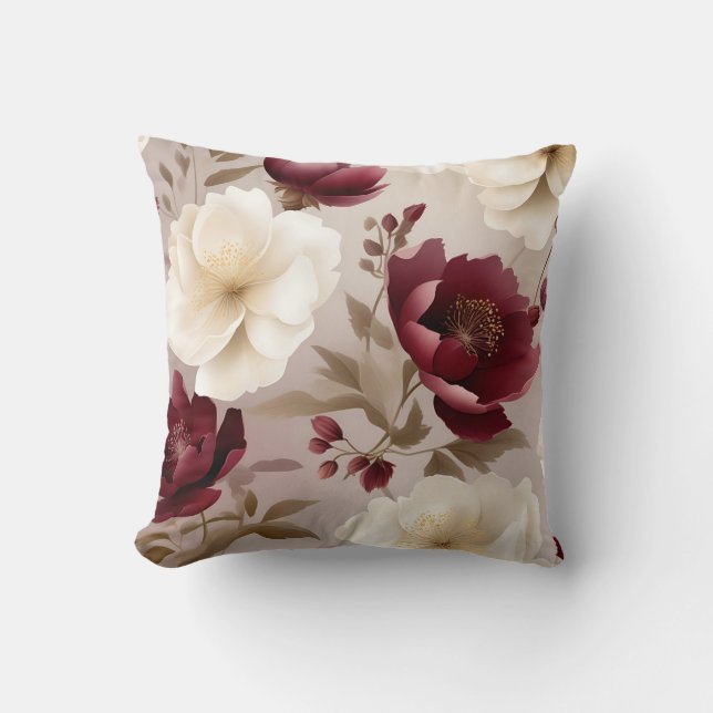 Dreamy Burgundy Flowers Throw Pillow (Front)