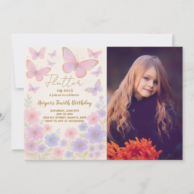 Dreamy Butterfly Birthday Invitation with photo (Front)