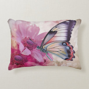 Dreamy Butterfly with Pink Flowers Accent Pillow