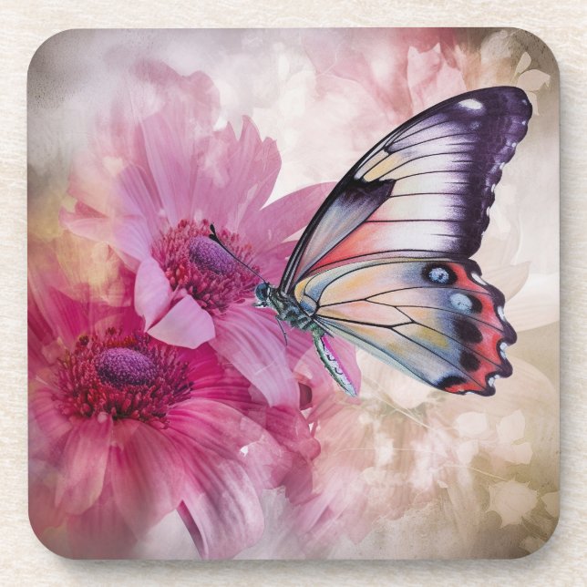Dreamy Butterfly with Pink Flowers  Coaster (Front)