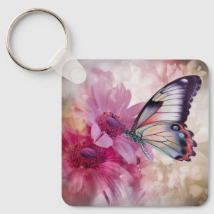Dreamy Butterfly with Pink Flowers  Keychain