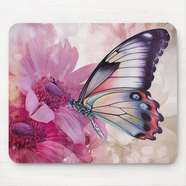 Dreamy Butterfly with Pink Flowers  Mouse Pad (Front)