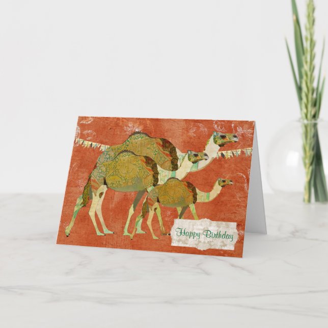 Dreamy Camels Ornate Amber  Birthday  Card (Front)