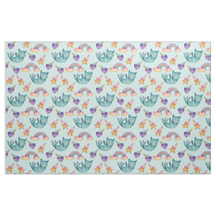 Dreamy Cat Floating in the Sky Watercolor Pattern Fabric