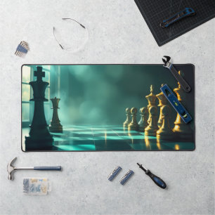 Dreamy Chess Scene Desk Mat - Deep Teal Fantasy Gl