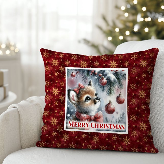 Dreamy Christmas scene baby fawn cozy winter kids  Throw Pillow (Dreamy Christmas scene baby fawn cozy winter kids decor)