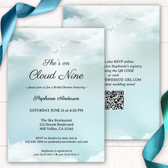 Dreamy Cloud Nine Bridal Shower Invitation (A dreamy bridal shower invitation featuring fluffy clouds on a pastel blue sky with angel wings)