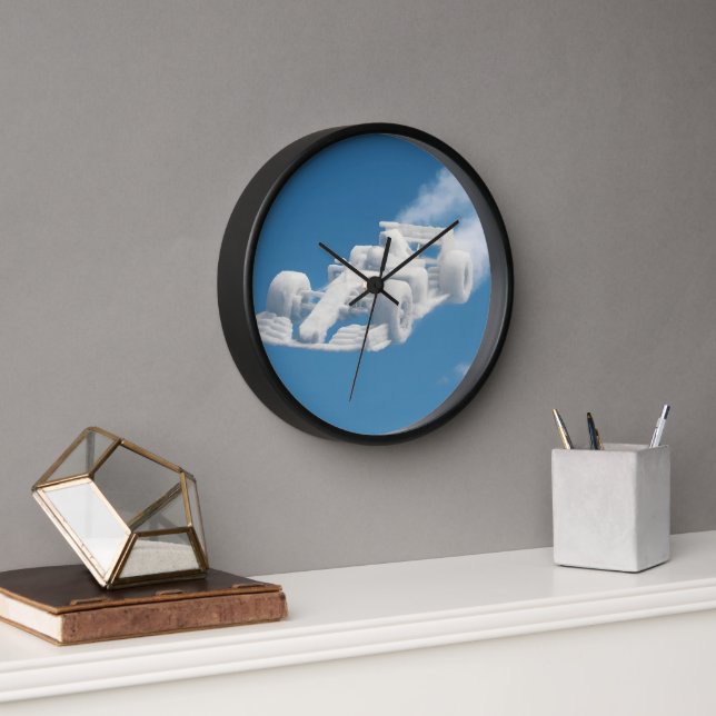 Dreamy cloud racer, surreal F1 sky art round black Clock (Office)
