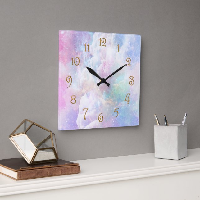 Dreamy Clouds and Stars Square Wall Clock (Office)