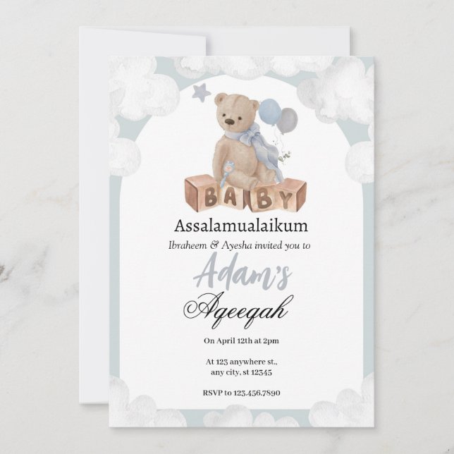 Dreamy Clouds Teddy Bear Aqeeqah Invitation  (Front)