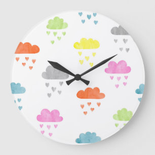 Dreamy Clouds: Watercolor Heart Rain Large Clock
