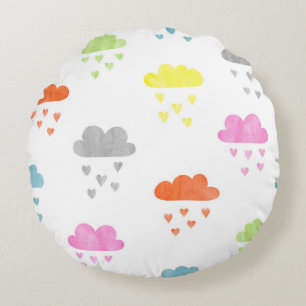 Dreamy Clouds: Watercolor Heart Rain Round Pillow