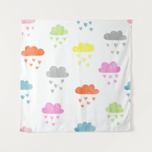 Dreamy Clouds: Watercolor Heart Rain Tapestry