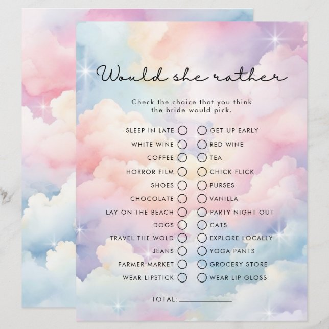 Dreamy Clouds Would She Rather Bridal Shower Game (Front/Back)