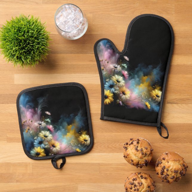 Dreamy Colourful Daisies Oven Mitt & Pot Holder Set (Top Down)
