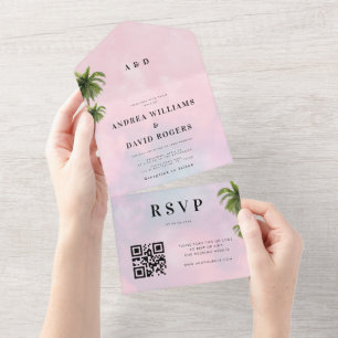 Dreamy Cotton Candy Pink Tropical QR Code Wedding All In One Invitation