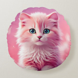 Dreamy Cute Fluffy Pink Kitty Cat Round Pillow