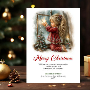 Dreamy Cute Little Girl Christmas Scene Greeting Holiday Card