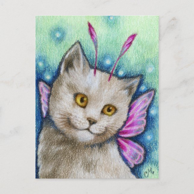 Dreamy - Cute Russian Blue Cat Fairy Art Postcard (Front)