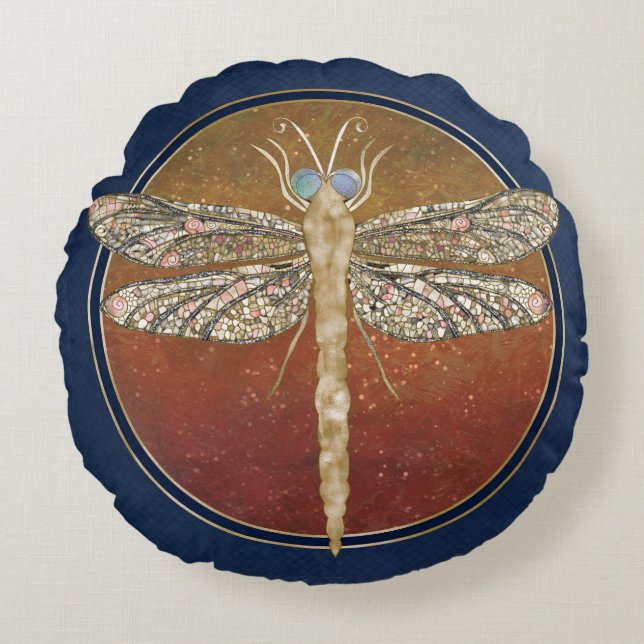 Dreamy Dragonfly “Messenger of Gilded Night” Round Pillow (Front)