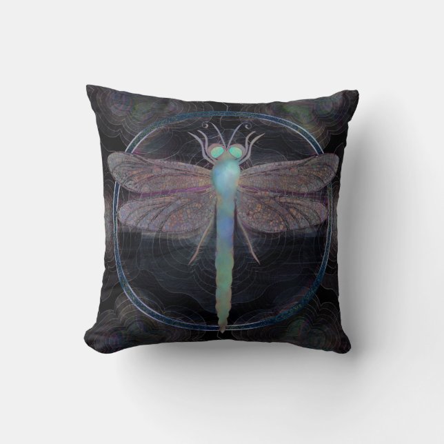 Dreamy Dragonfly “Messenger of Quantum Flight” Throw Pillow (Front)