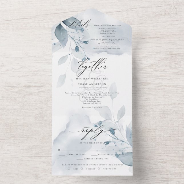 Dreamy Dusty Blue Foliage all in one invitation (Inside)