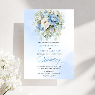 Dreamy Dusty Blue Peony Gold Floral Wedding Invitation