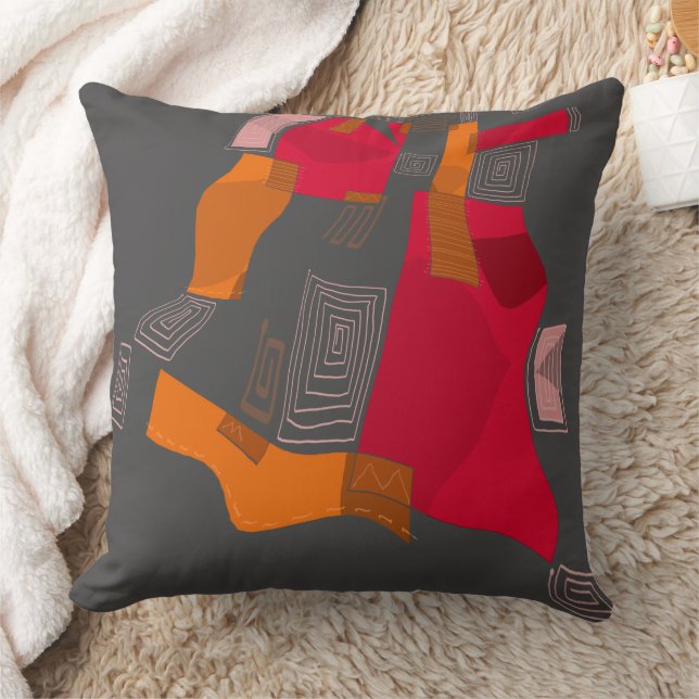Dreamy Egyptian Collage - Red Orange Grey Throw Pillow (Blanket)