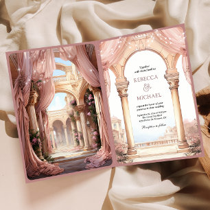 Dreamy Fairytale Palace Dusty Rose QR Code Wedding Invitation
