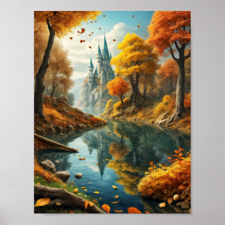 Dreamy fall landscape with magic castle and river poster