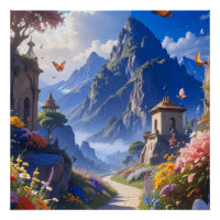 Dreamy Fantasy Landscape Tapestry – Mountains & Bl