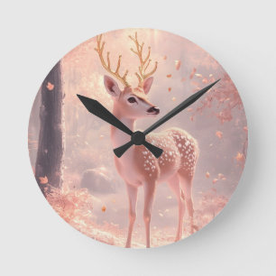 Dreamy Fawn in Pink Autumn Woods Round Clock