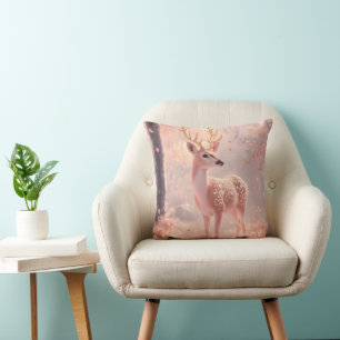 Dreamy Fawn in Pink Autumn Woods Throw Pillow