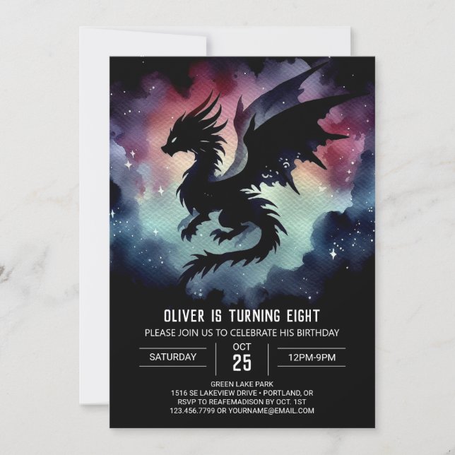 Dreamy Fiery Dragon Birthday Customizable Invitation (Front)