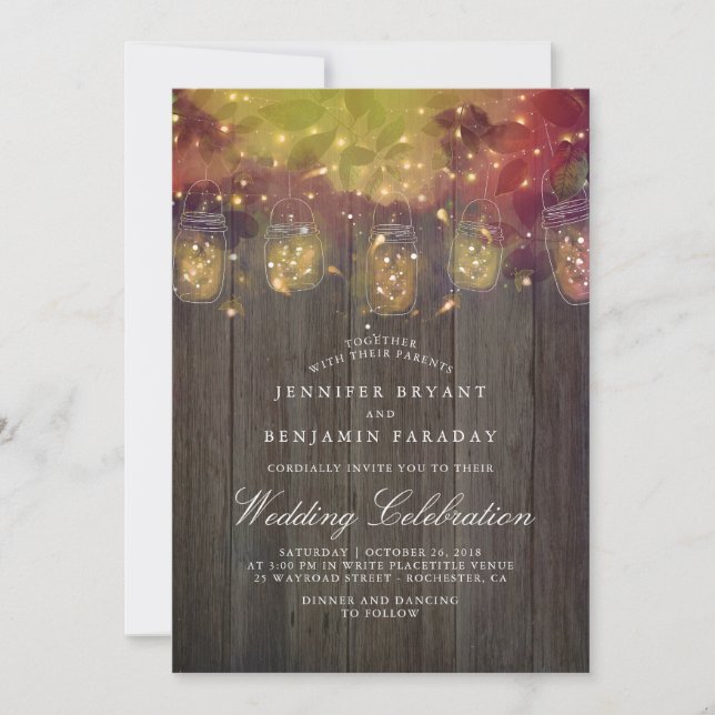 Dreamy Firefly Lights and Mason Jar Rustic Wedding Invitation (Front)