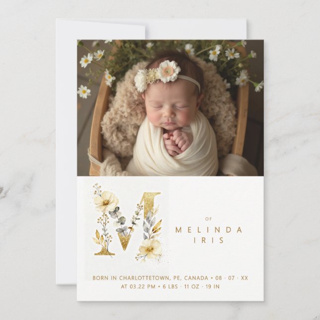 Dreamy Floral M Initial Gold Glitter Newborn Announcement (Front)