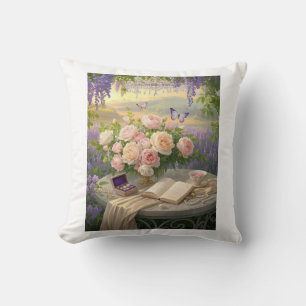 Dreamy Floral sanctuary bathed golden hour light Throw Pillow