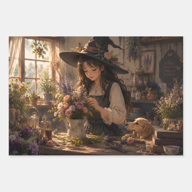 Dreamy Floral Witch Cottage Wrapping Paper Sheets (Front)