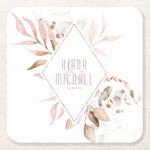 Dreamy Foliage Wedding Blush Pink ID817 Square Paper Coaster