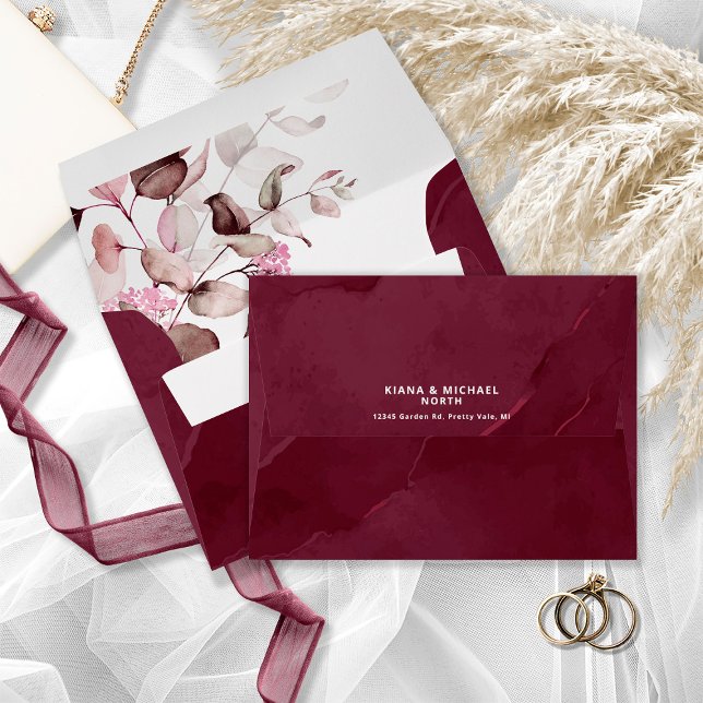 Dreamy Foliage Wedding Burgundy ID817 Envelope (Interior/Back In Situ)
