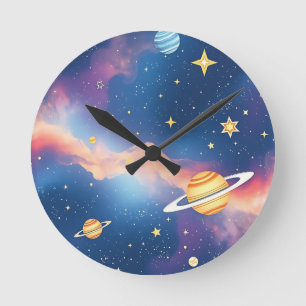 Dreamy Galaxy Planets Stars Pattern Round Clock