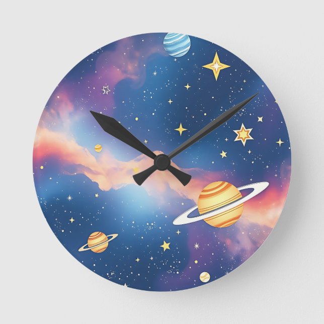 Dreamy Galaxy Planets Stars Pattern Round Clock (Front)