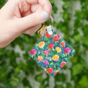 Dreamy garden roses watercolor print keychain
