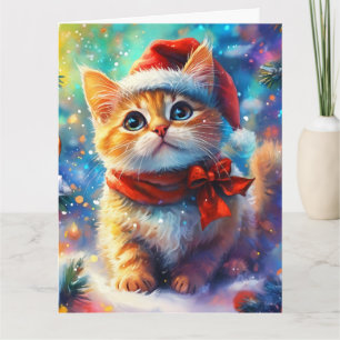 Dreamy Ginger Kitten in Santa Hat Watercolor Card