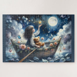 Dreamy Girl Rowing Boat Moonlit Fantasy Scene Jigsaw Puzzle