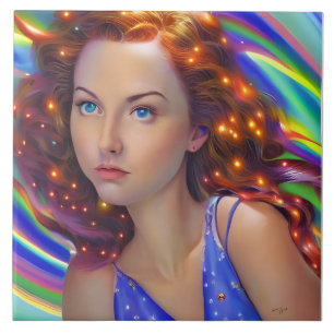 Dreamy Girl with Rainbow Lights Tile