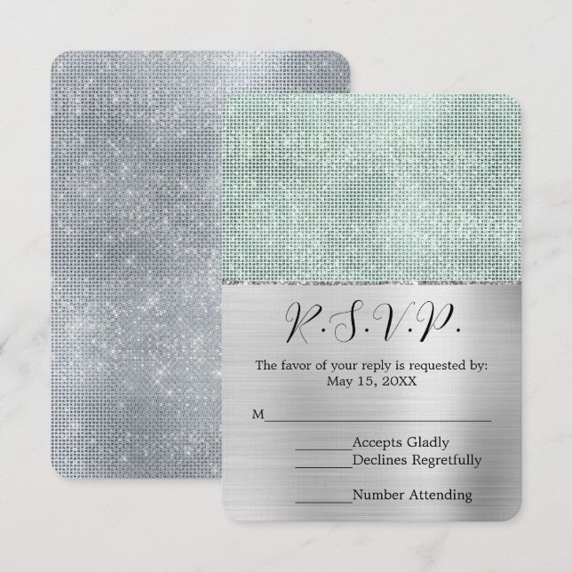 Dreamy Glitzy Silver Mint Sparkle Wedding RSVP (Front/Back)