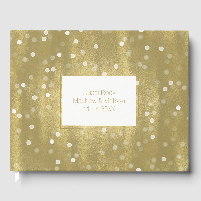 Dreamy Gold and White Confetti Bokeh Wedding Guest Book (Front)