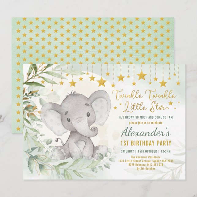 Dreamy Greenery Moon & Stars Elephant 1st Birthday Invitation (Front/Back)